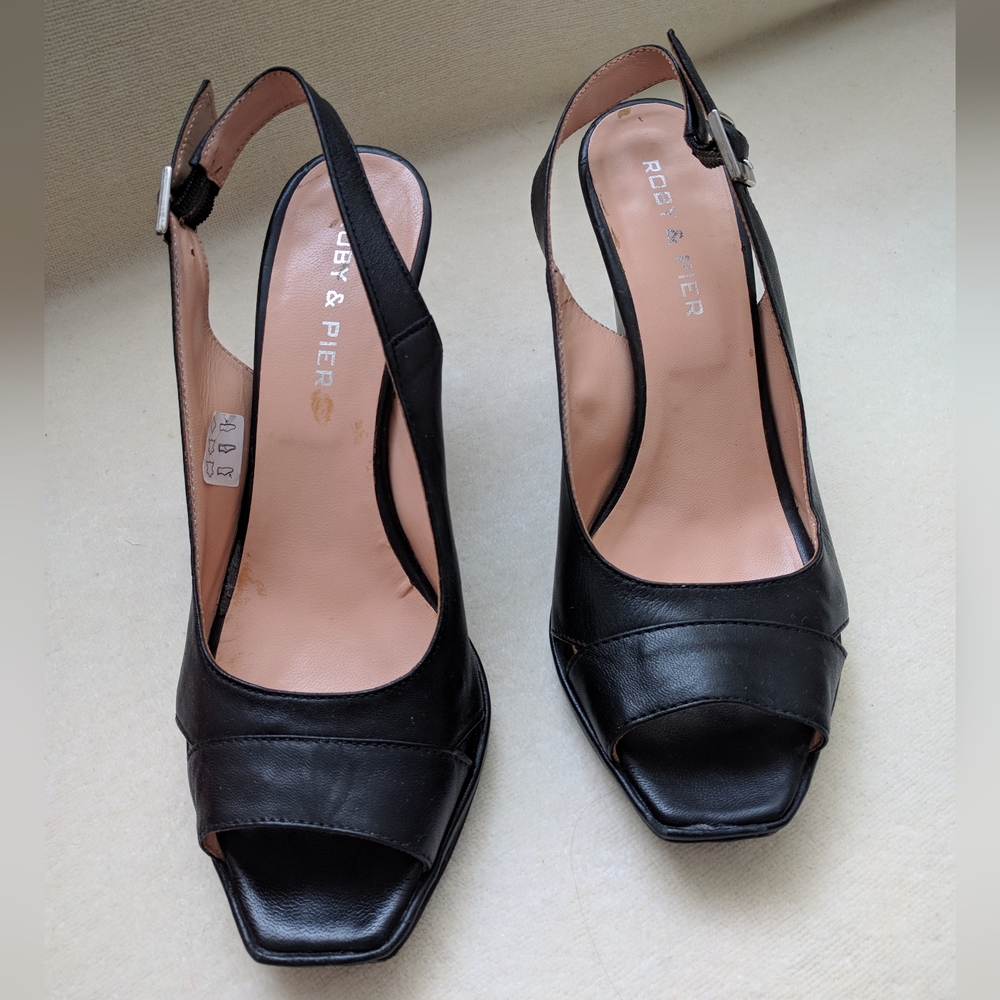 Roby & Pier Black Leather 4" Slingback Opentoe Sandal EU Size 40